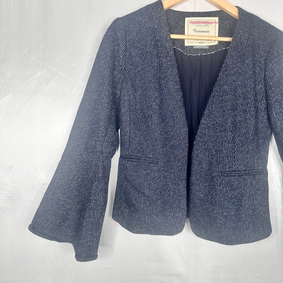 Anthropologie Cartonnier Navy Pinstriped Wool Blend Bell Sleeve Blazer Size 4 - Picture 3 of 14